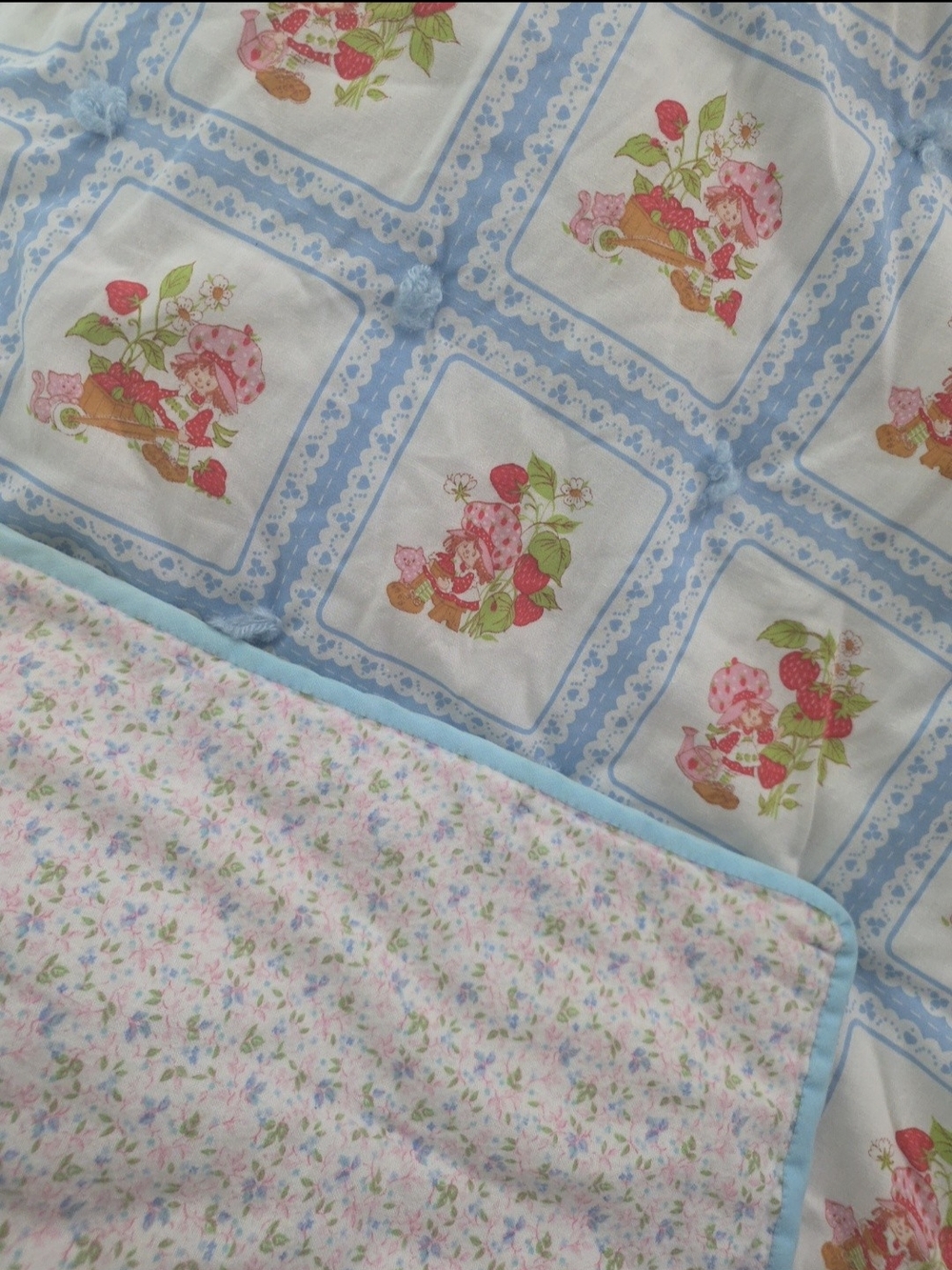 1980 Strawberry Shortcake Blue & Pink Floral Patchwork Baby/Toddler Quilt